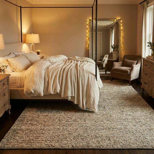 Cozy bedroom with premium carpet and soft rug